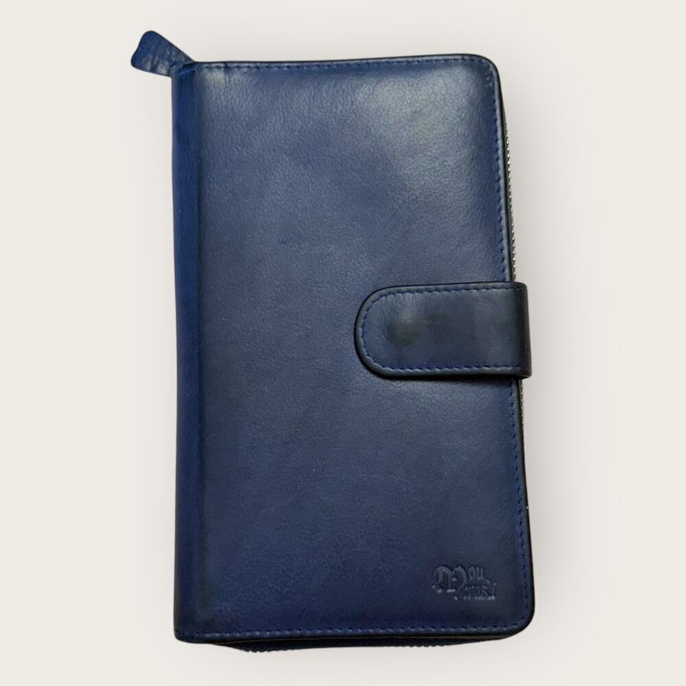 Mou Meraki RFID Leather Bifold Zippered Wallet Passport Creditcards Navy 8"X4.5"